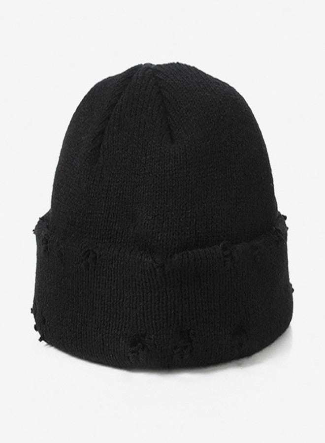 XRDSS Hip-hop Slouchy Ripped Knitted Hat Unisex Metal Ring Skull Caps Hat (Black) - Image 2